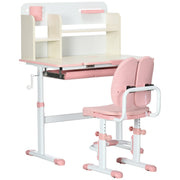 Children's Study Desk and Chair Set for 3+ Years Adjustable Height Kids Desk with 1 Drawer 1 Bookshelf and Tiltable Tabletop 80x52x88-109 cm Pink and White