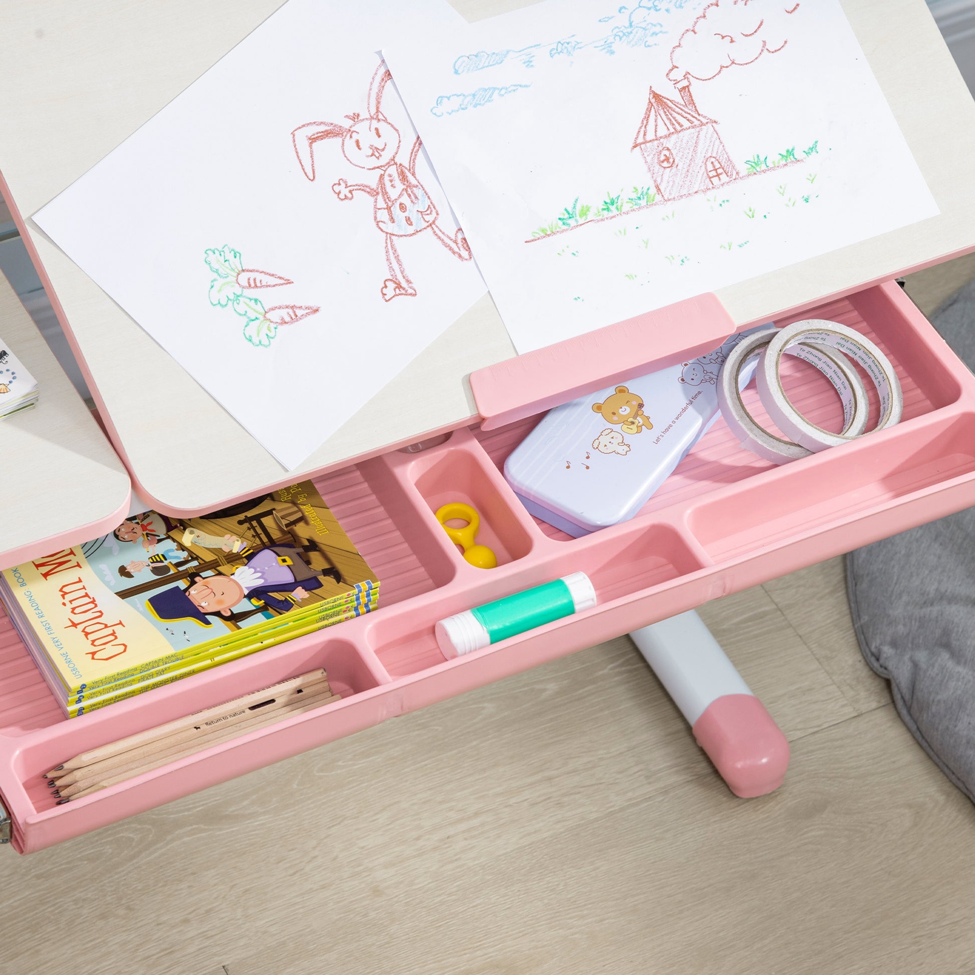 Children's Study Desk and Chair Set for 3+ Years Adjustable Height Kids Desk with 1 Drawer 1 Bookshelf and Tiltable Tabletop 80x52x88-109 cm Pink and White