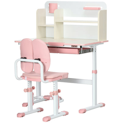 Children's Study Desk and Chair Set for 3+ Years Adjustable Height Kids Desk with 1 Drawer 1 Bookshelf and Tiltable Tabletop 80x52x88-109 cm Pink and White
