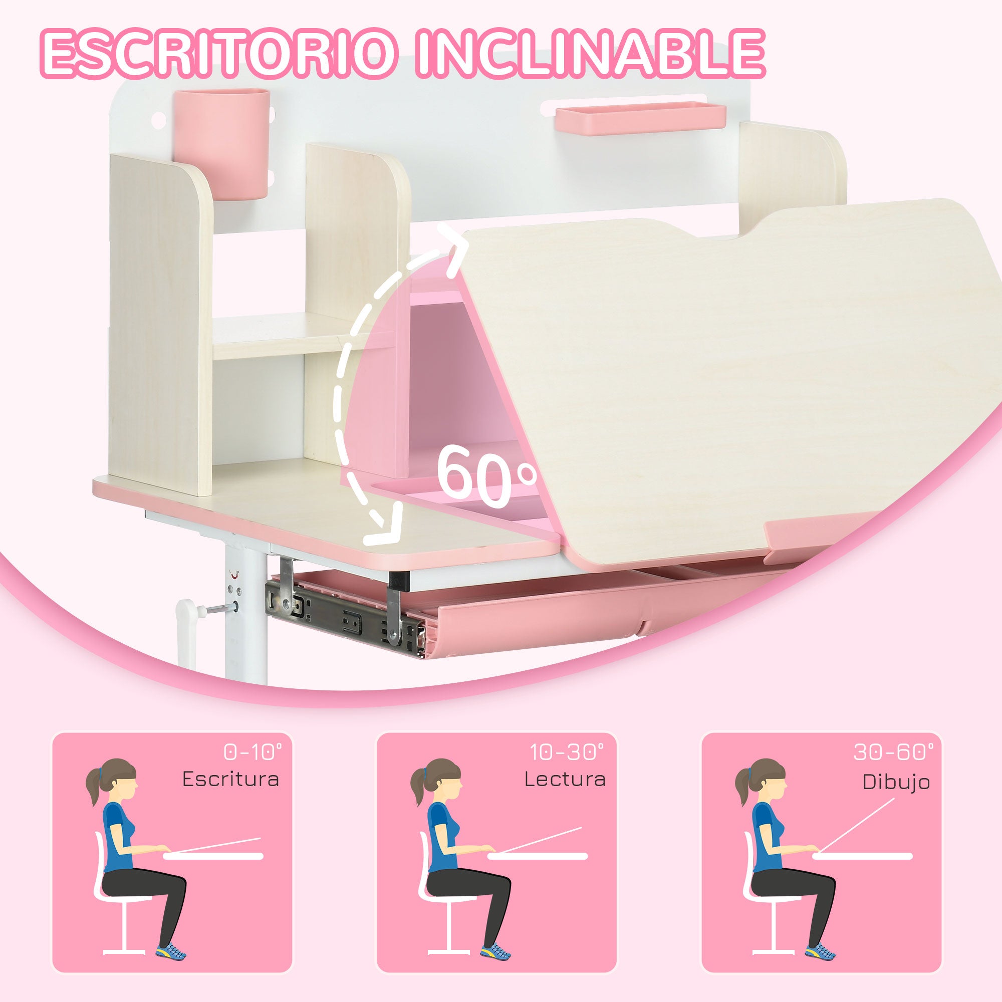 Children's Study Desk and Chair Set for 3+ Years Adjustable Height Kids Desk with 1 Drawer 1 Bookshelf and Tiltable Tabletop 80x52x88-109 cm Pink and White