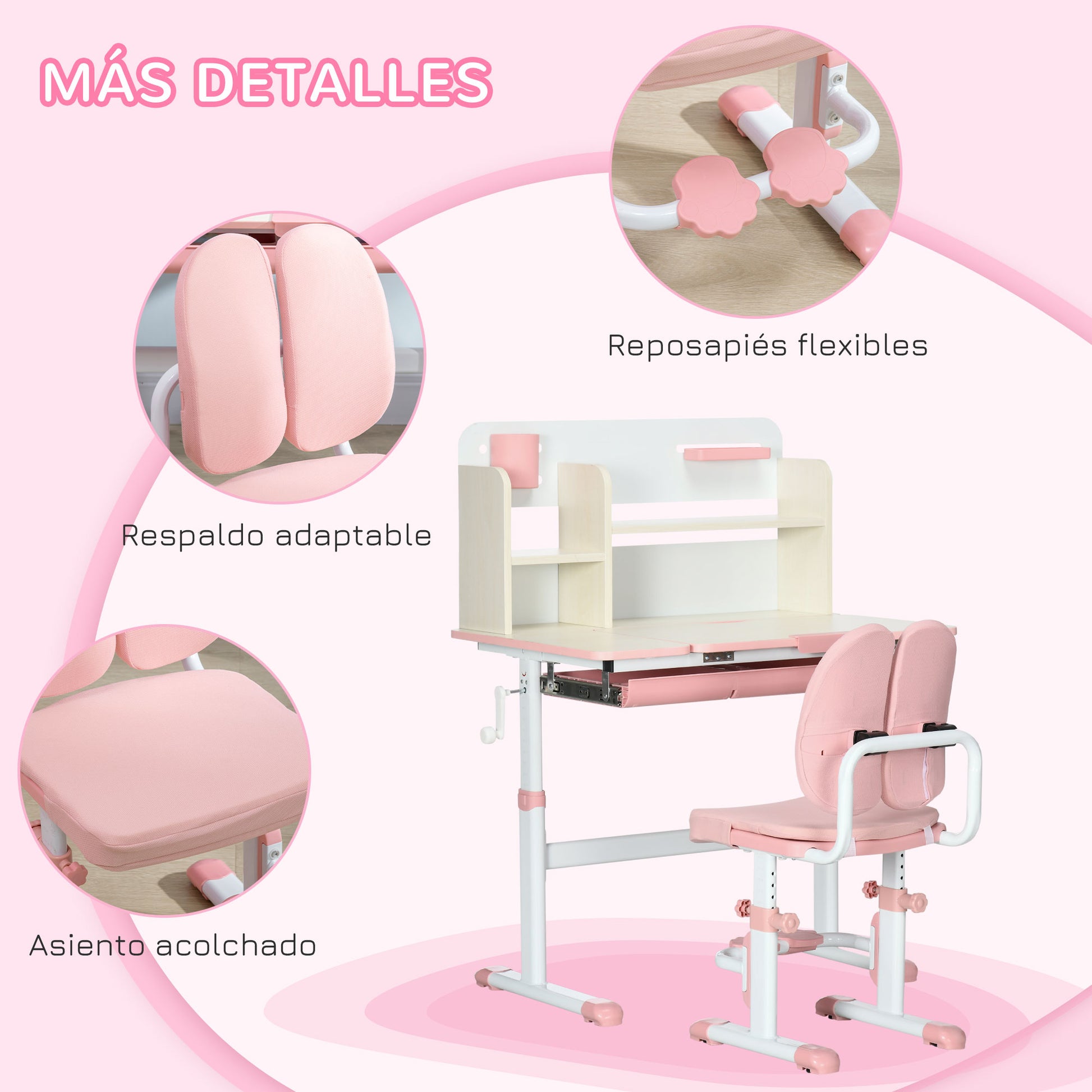 Children's Study Desk and Chair Set for 3+ Years Adjustable Height Kids Desk with 1 Drawer 1 Bookshelf and Tiltable Tabletop 80x52x88-109 cm Pink and White