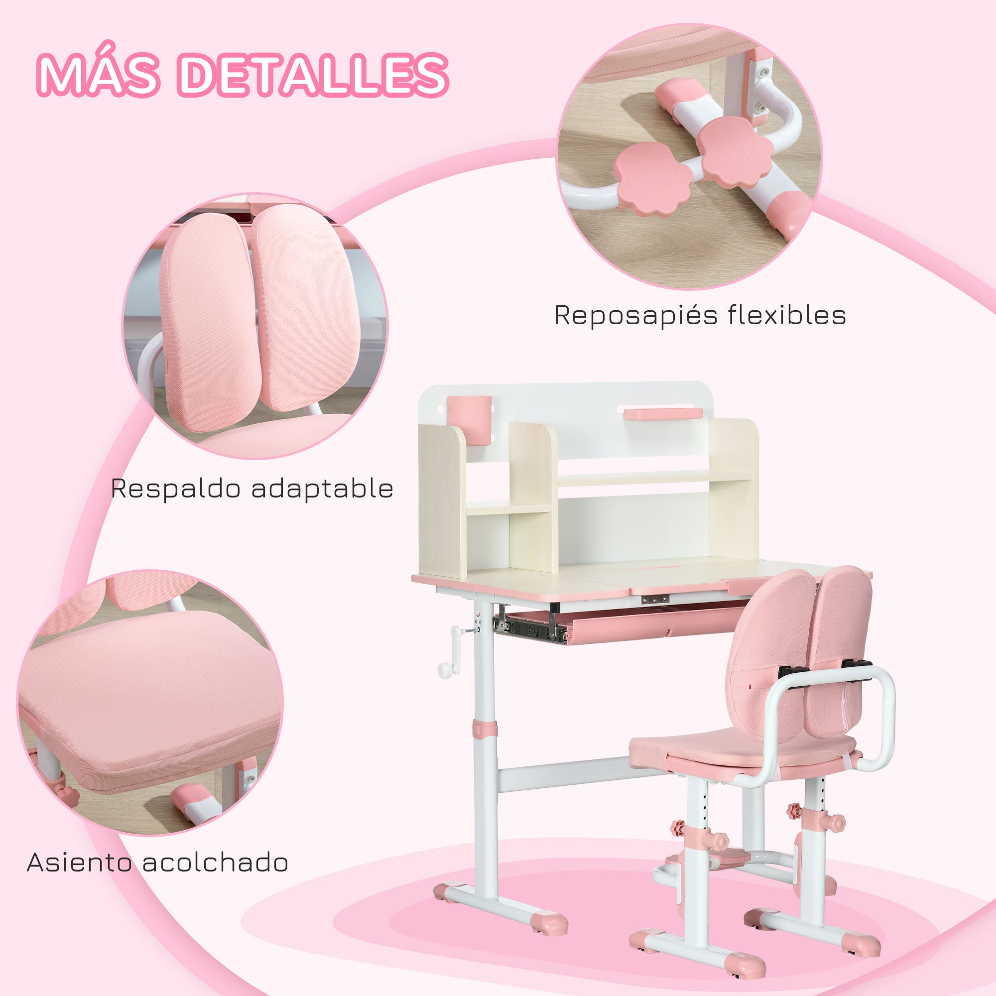 Children's Study Desk and Chair Set for 3+ Years Adjustable Height Kids Desk with 1 Drawer 1 Bookshelf and Tiltable Tabletop 80x52x88-109 cm Pink and White