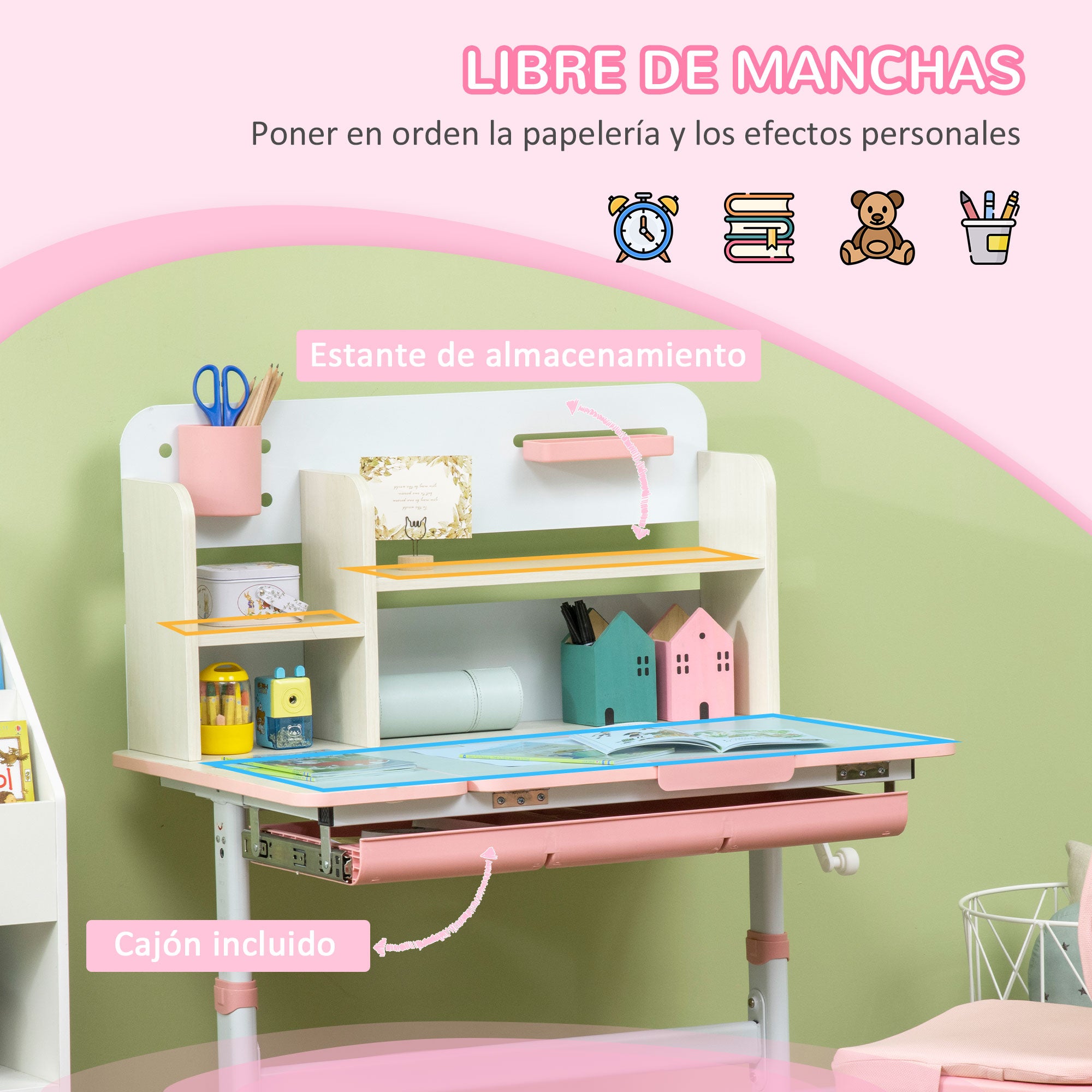 Children's Study Desk and Chair Set for 3+ Years Adjustable Height Kids Desk with 1 Drawer 1 Bookshelf and Tiltable Tabletop 80x52x88-109 cm Pink and White