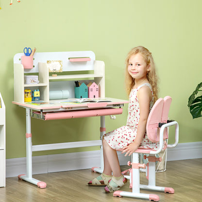 Children's Study Desk and Chair Set for 3+ Years Adjustable Height Kids Desk with 1 Drawer 1 Bookshelf and Tiltable Tabletop 80x52x88-109 cm Pink and White