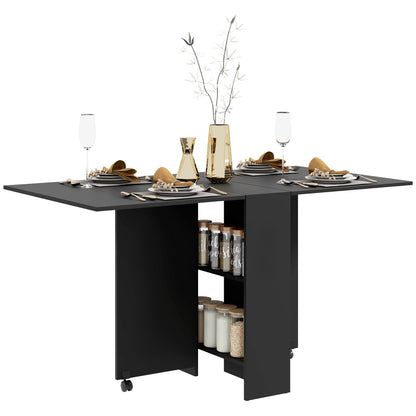 Folding Dining Table Kitchen Table with Wheels, Folding Wings, and Shelves for 4-6 People 75x140x74 cm Black