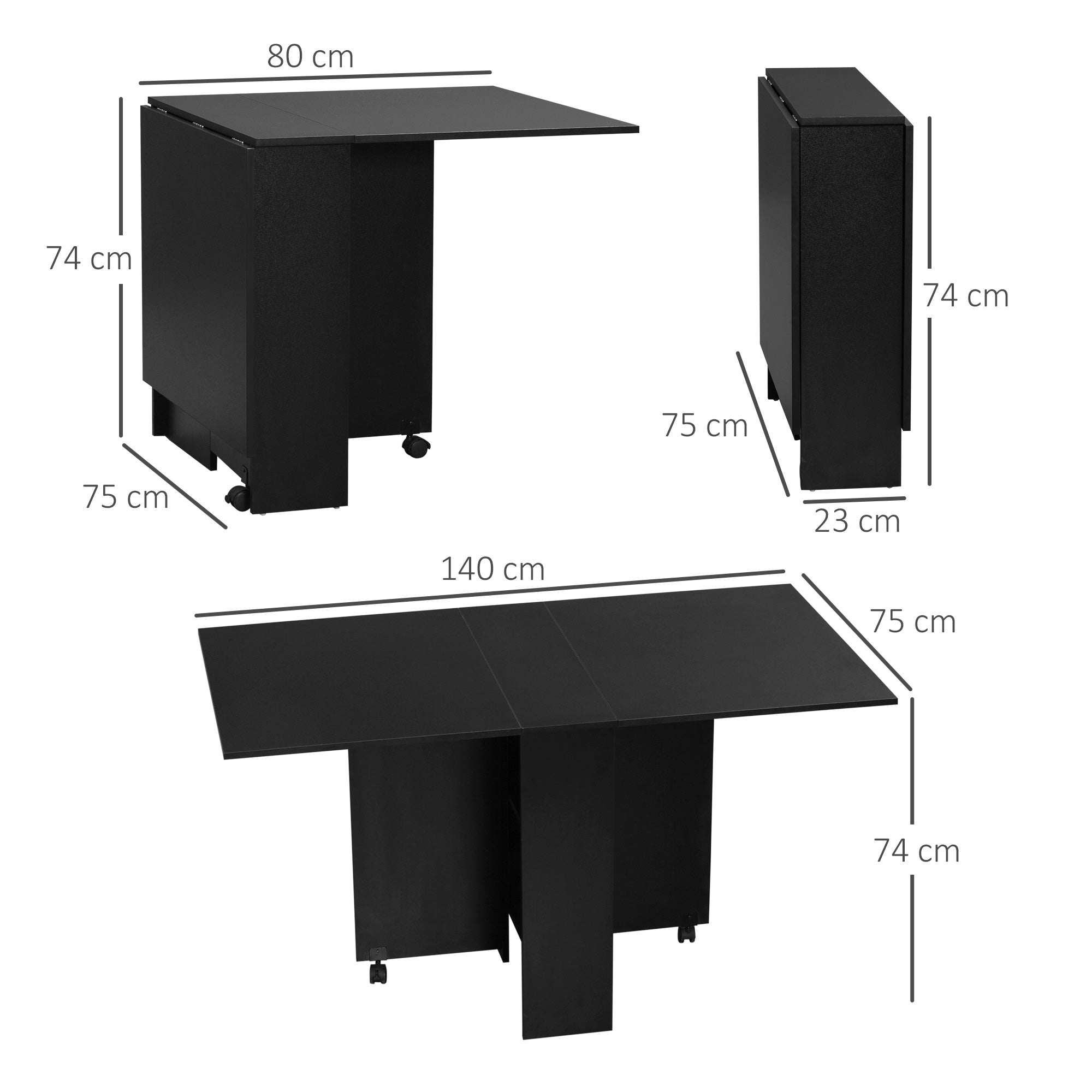 Folding Dining Table Kitchen Table with Wheels, Folding Wings, and Shelves for 4-6 People 75x140x74 cm Black