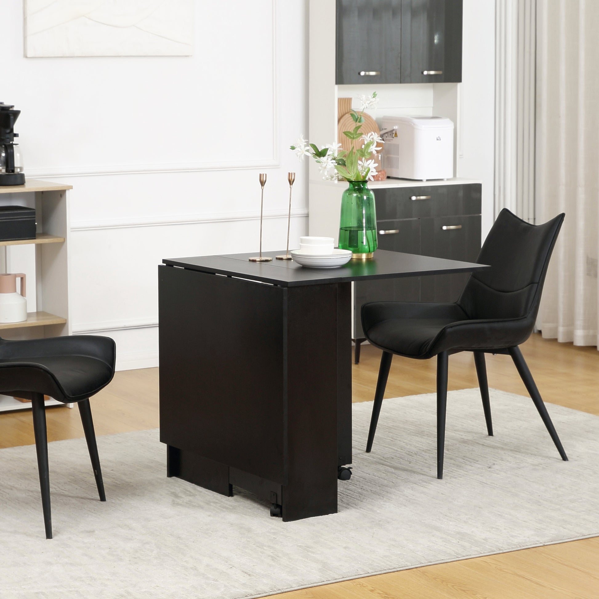 Folding Dining Table Kitchen Table with Wheels, Folding Wings, and Shelves for 4-6 People 75x140x74 cm Black