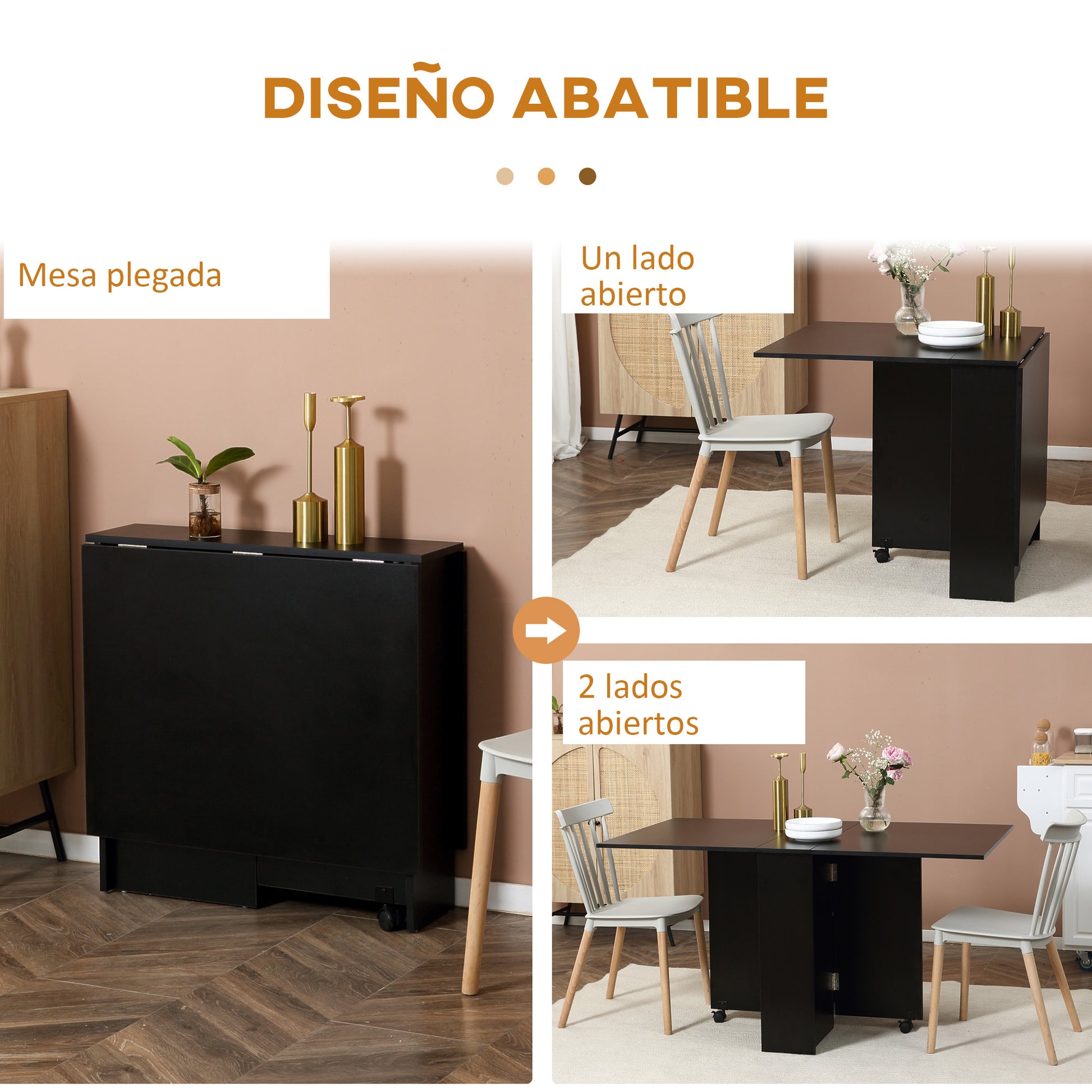 Folding Dining Table Kitchen Table with Wheels, Folding Wings, and Shelves for 4-6 People 75x140x74 cm Black