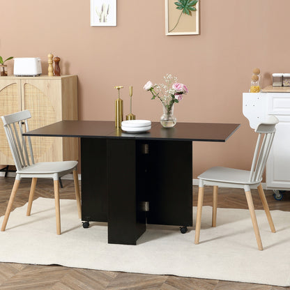 Folding Dining Table Kitchen Table with Wheels, Folding Wings, and Shelves for 4-6 People 75x140x74 cm Black