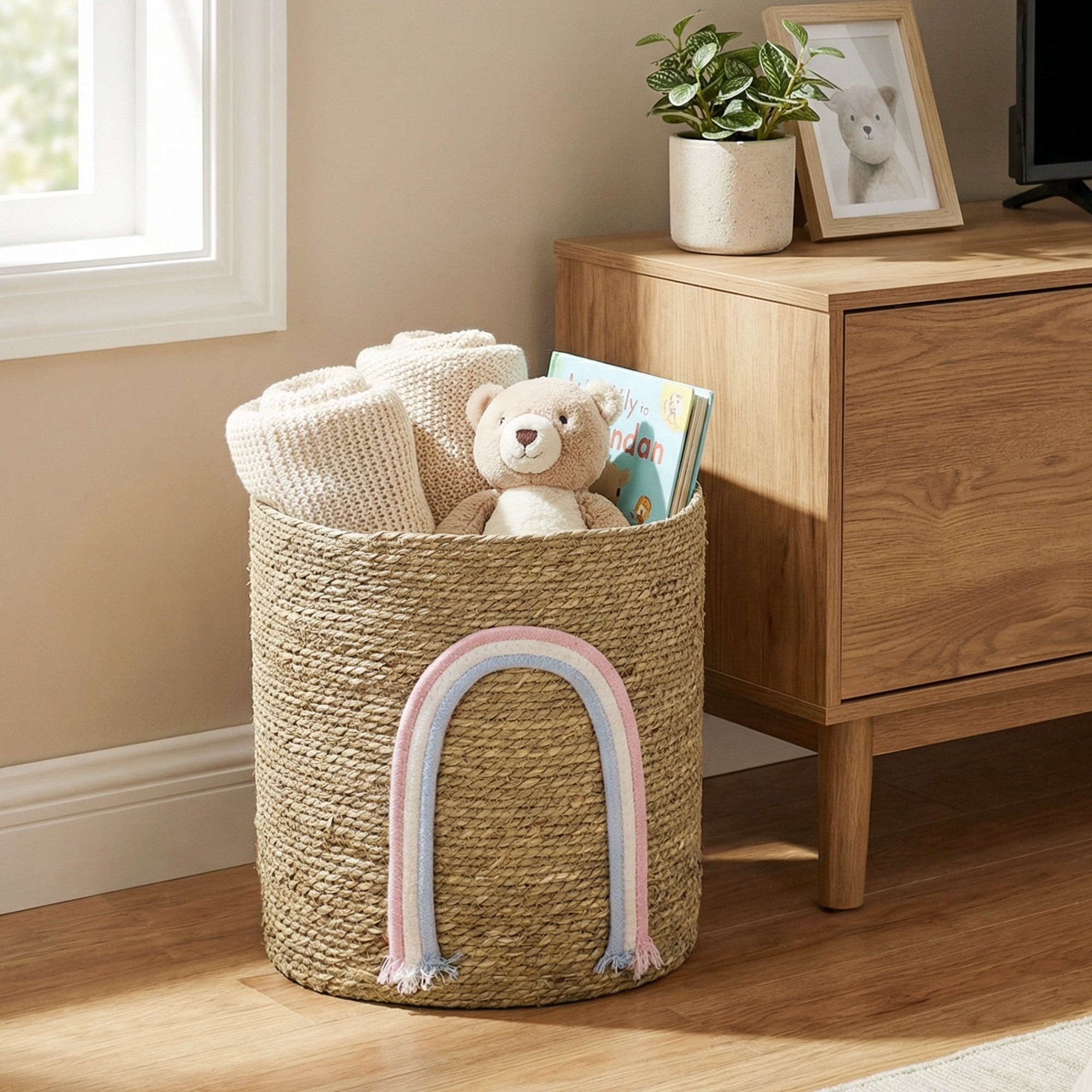 Woven Seagrass Storage Basket with Rainbow Accent — Natural, 12 x 12 x 14 in