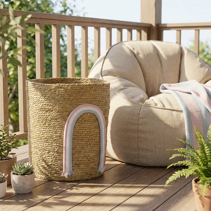 Woven Seagrass Storage Basket with Rainbow Accent — Natural, 12 x 12 x 14 in