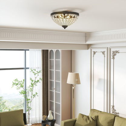 Classic Crystal Ceiling Light with 2 E14 Sockets, 40W, Vintage Flush Mount with 168 Crystal Beads for Bedroom, Living Room, Kitchen and Dining Room, Black