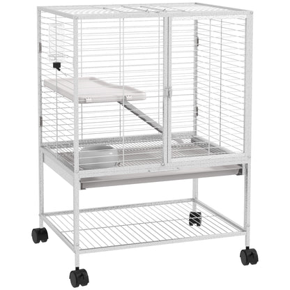 Small Animal Cage on Wheels 2 Levels with 2 Doors, 1 Ramp, 1 Storage Shelf, Bowl, Bottle - 61.5 x 44.5 x 86 cm, Gray