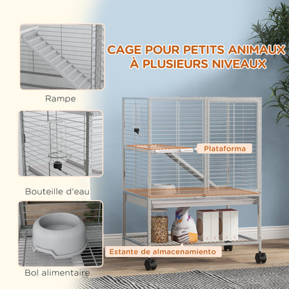 Small Animal Cage on Wheels 2 Levels with 2 Doors, 1 Ramp, 1 Storage Shelf, Bowl, Bottle - 61.5 x 44.5 x 86 cm, Gray