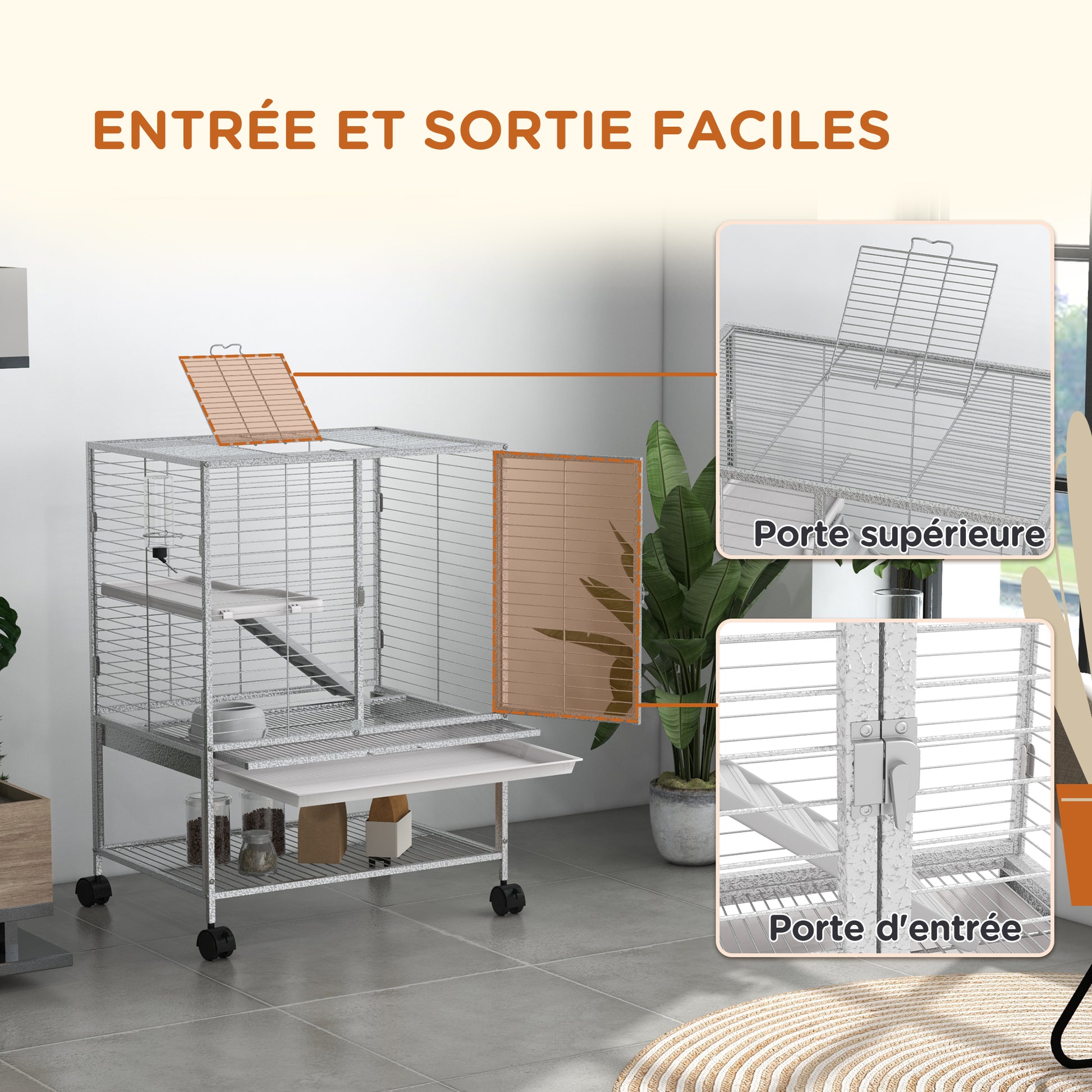 Small Animal Cage on Wheels 2 Levels with 2 Doors, 1 Ramp, 1 Storage Shelf, Bowl, Bottle - 61.5 x 44.5 x 86 cm, Gray