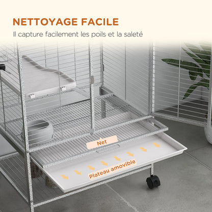 Small Animal Cage on Wheels 2 Levels with 2 Doors, 1 Ramp, 1 Storage Shelf, Bowl, Bottle - 61.5 x 44.5 x 86 cm, Gray