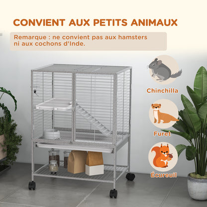 Small Animal Cage on Wheels 2 Levels with 2 Doors, 1 Ramp, 1 Storage Shelf, Bowl, Bottle - 61.5 x 44.5 x 86 cm, Gray