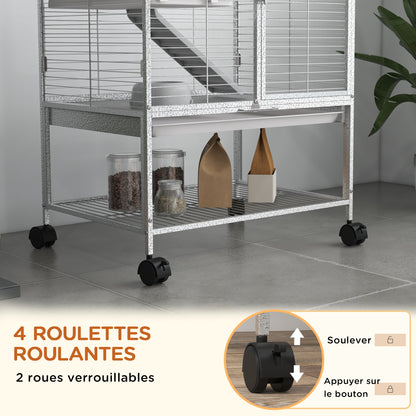 Small Animal Cage on Wheels 2 Levels with 2 Doors, 1 Ramp, 1 Storage Shelf, Bowl, Bottle - 61.5 x 44.5 x 86 cm, Gray