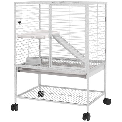 Small Animal Cage on Wheels 2 Levels with 2 Doors, 1 Ramp, 1 Storage Shelf, Bowl, Bottle - 61.5 x 44.5 x 86 cm, Gray