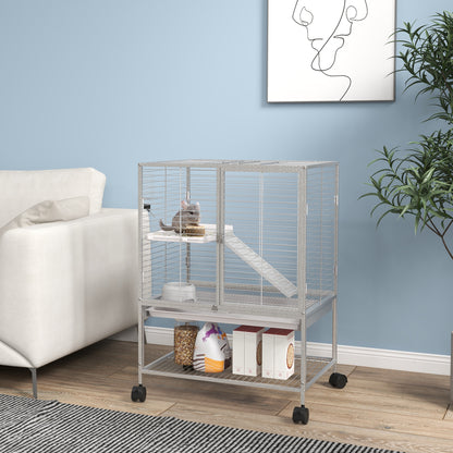 Small Animal Cage on Wheels 2 Levels with 2 Doors, 1 Ramp, 1 Storage Shelf, Bowl, Bottle - 61.5 x 44.5 x 86 cm, Gray