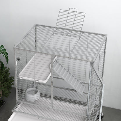 Small Animal Cage on Wheels 2 Levels with 2 Doors, 1 Ramp, 1 Storage Shelf, Bowl, Bottle - 61.5 x 44.5 x 86 cm, Gray