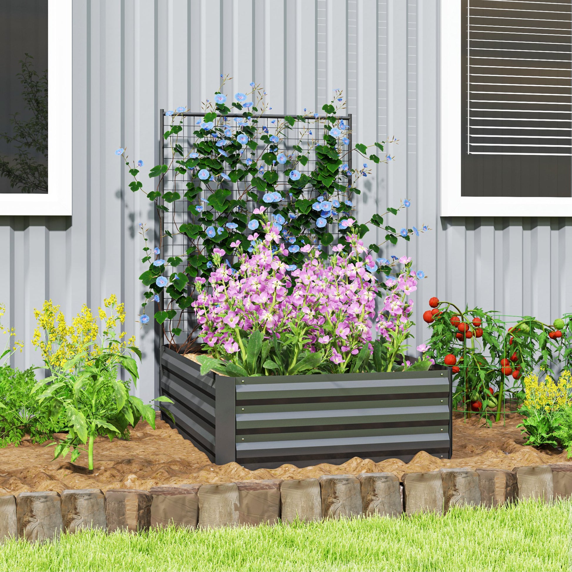 Large Galvanized Steel Outdoor Planter with Trellis for Climbing Plants and Open Base for Patio Terrace Balcony 80x115x125 cm Dark Gray