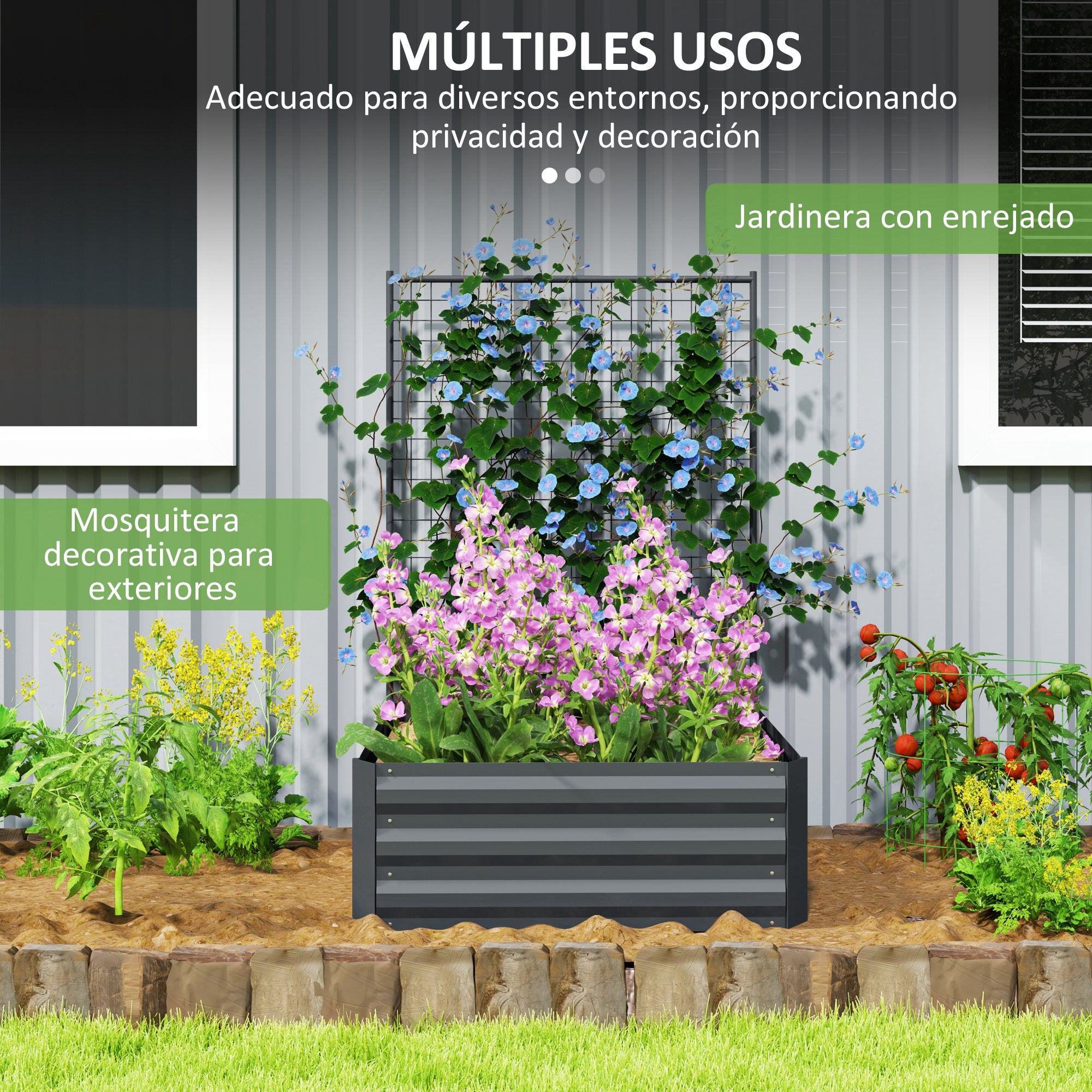 Large Galvanized Steel Outdoor Planter with Trellis for Climbing Plants and Open Base for Patio Terrace Balcony 80x115x125 cm Dark Gray