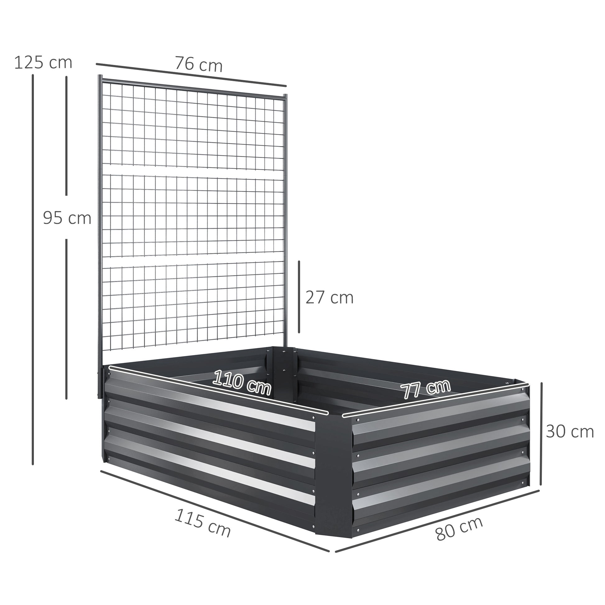 Large Galvanized Steel Outdoor Planter with Trellis for Climbing Plants and Open Base for Patio Terrace Balcony 80x115x125 cm Dark Gray
