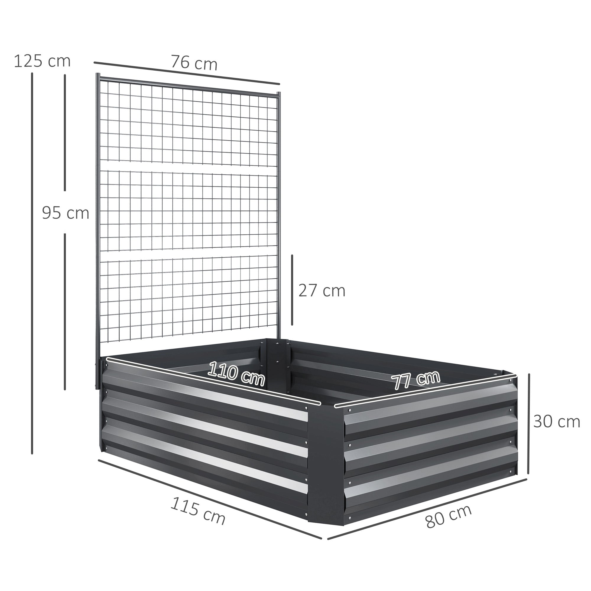 Large Galvanized Steel Outdoor Planter with Trellis for Climbing Plants and Open Base for Patio Terrace Balcony 80x115x125 cm Dark Gray