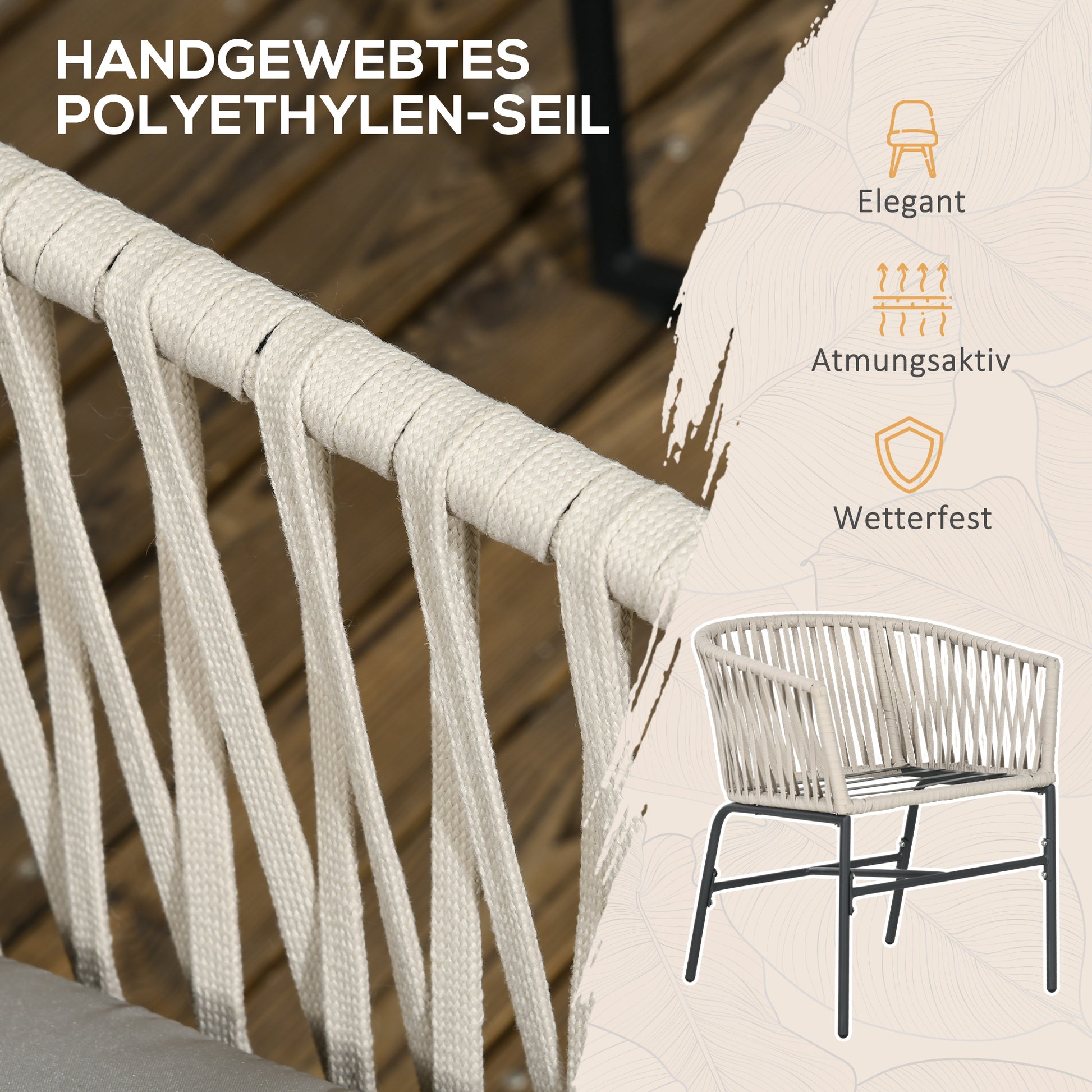 2-Pack of Garden Chairs with Cushions Garden Chair Set in Boho Style Patio Chair, Garden Furniture Balcony Chair Terrace Chair, Metal Frame, 57 x 60 x 71 cm, Beige