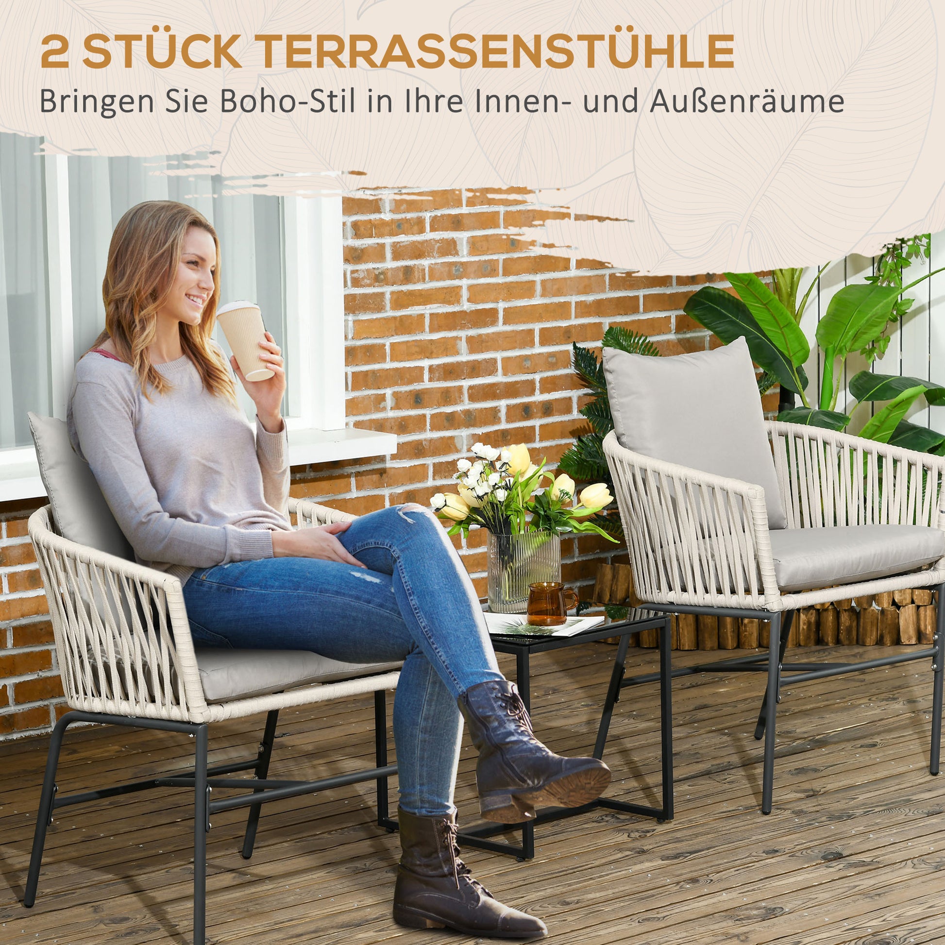 2-Pack of Garden Chairs with Cushions Garden Chair Set in Boho Style Patio Chair, Garden Furniture Balcony Chair Terrace Chair, Metal Frame, 57 x 60 x 71 cm, Beige
