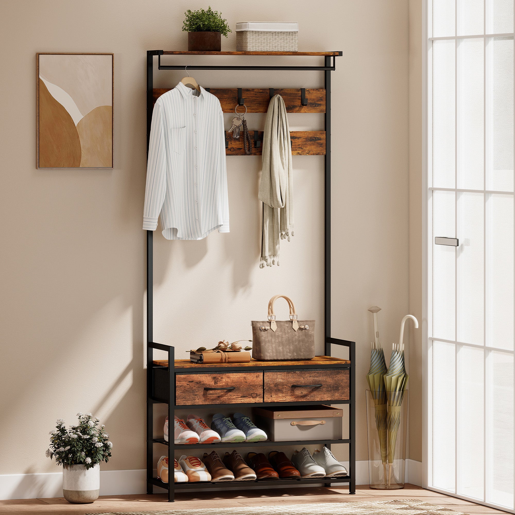 5-in-1 Hall Tree with Shoe Bench & Organizer, Industrial Steel Frame, Rustic Brown