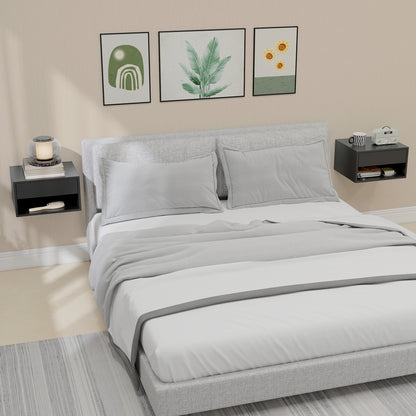 Set of 2 Wall-Mounted Nightstands — Floating Bedside Tables with Sliding Drawer & Open Shelf, Modern Black, 14.6 x 12.6 x 8.3 in