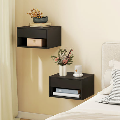 Set of 2 Wall-Mounted Nightstands — Floating Bedside Tables with Sliding Drawer & Open Shelf, Modern Black, 14.6 x 12.6 x 8.3 in