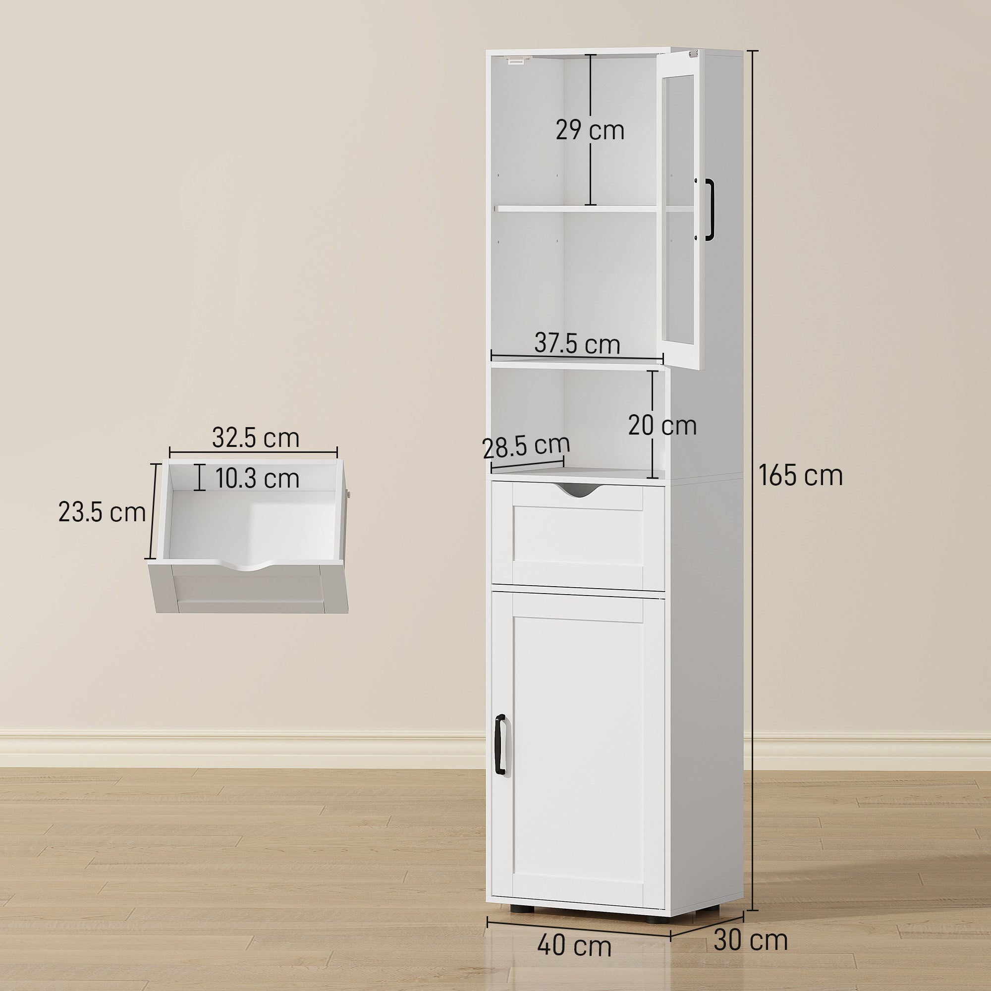 Slim Bathroom Storage Cabinet with Glass Door, Open Shelf, Drawer & Adjustable Shelves — 15.7" x 11.8" x 65", White