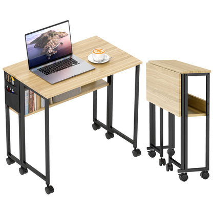 Folding Desk on Wheels, Computer Table 80 x 50 cm with Shelf and Storage Bag, Study Table for Home Office, Bedroom, Small Spaces, Oak