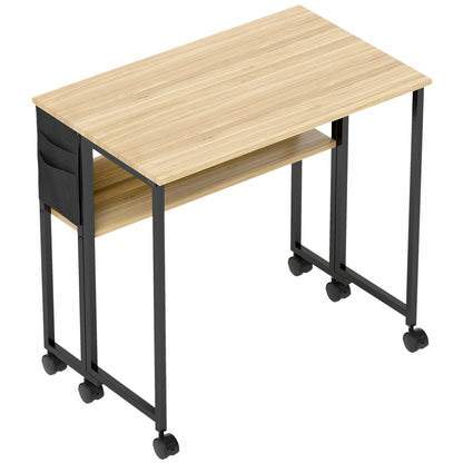 Folding Desk on Wheels, Computer Table 80 x 50 cm with Shelf and Storage Bag, Study Table for Home Office, Bedroom, Small Spaces, Oak