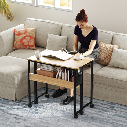 Folding Desk on Wheels, Computer Table 80 x 50 cm with Shelf and Storage Bag, Study Table for Home Office, Bedroom, Small Spaces, Oak