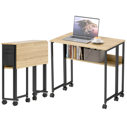 Folding Desk on Wheels, Computer Table 80 x 50 cm with Shelf and Storage Bag, Study Table for Home Office, Bedroom, Small Spaces, Oak