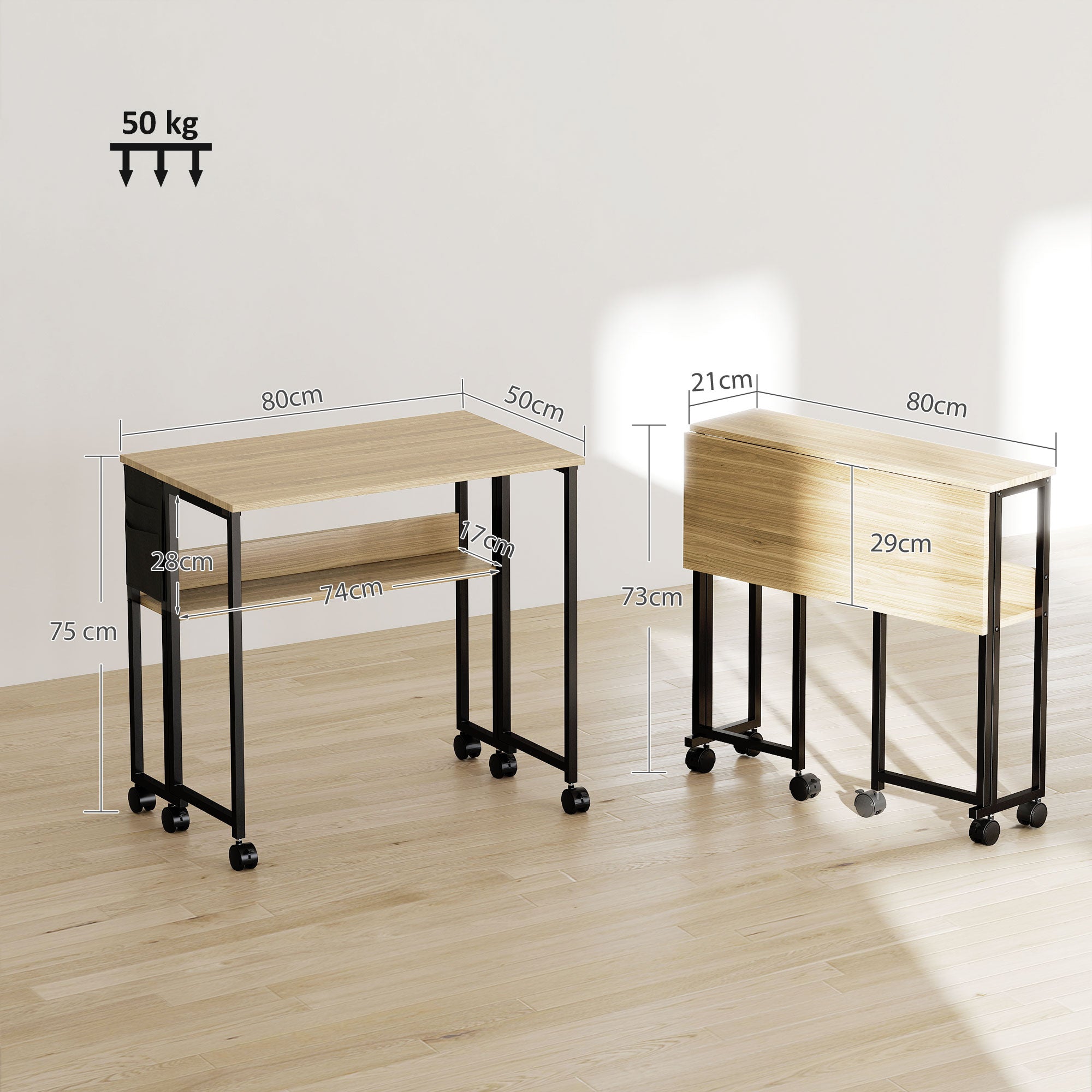 Folding Desk on Wheels, Computer Table 80 x 50 cm with Shelf and Storage Bag, Study Table for Home Office, Bedroom, Small Spaces, Oak
