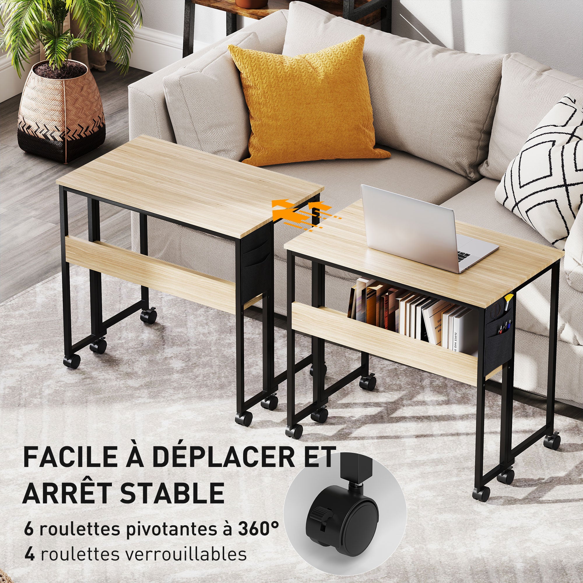 Folding Desk on Wheels, Computer Table 80 x 50 cm with Shelf and Storage Bag, Study Table for Home Office, Bedroom, Small Spaces, Oak