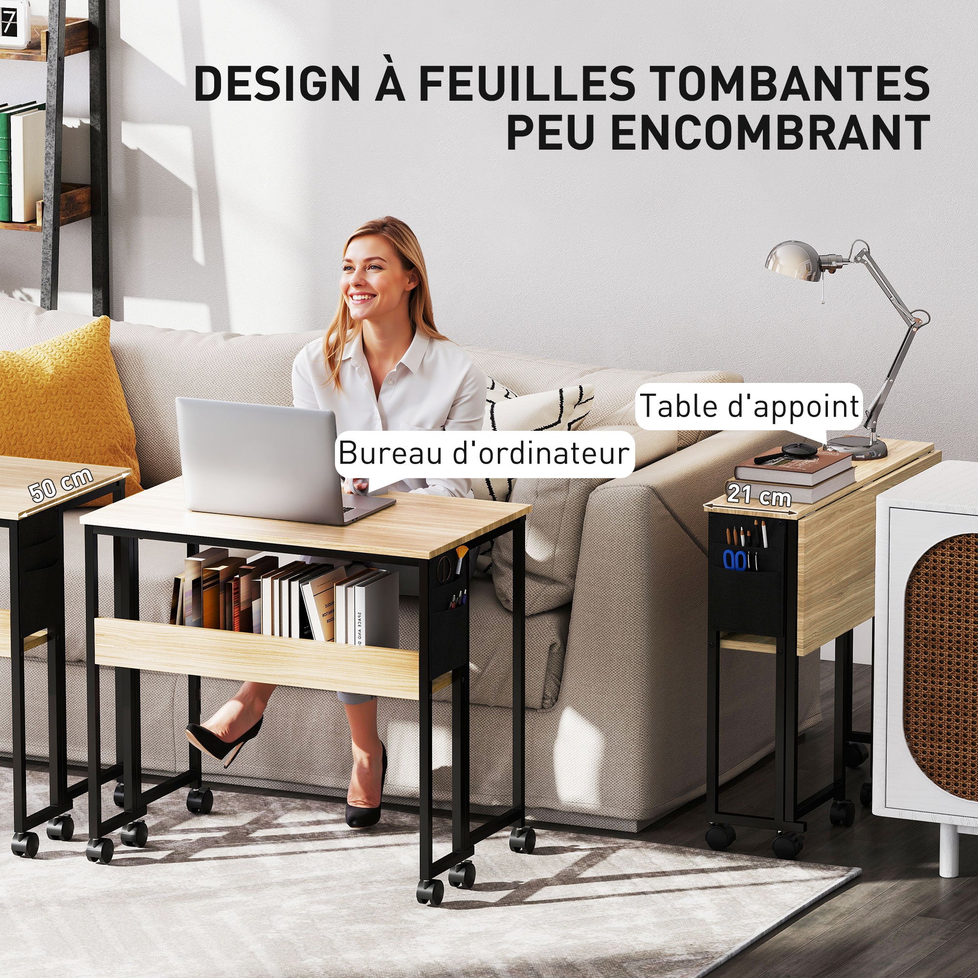 Folding Desk on Wheels, Computer Table 80 x 50 cm with Shelf and Storage Bag, Study Table for Home Office, Bedroom, Small Spaces, Oak