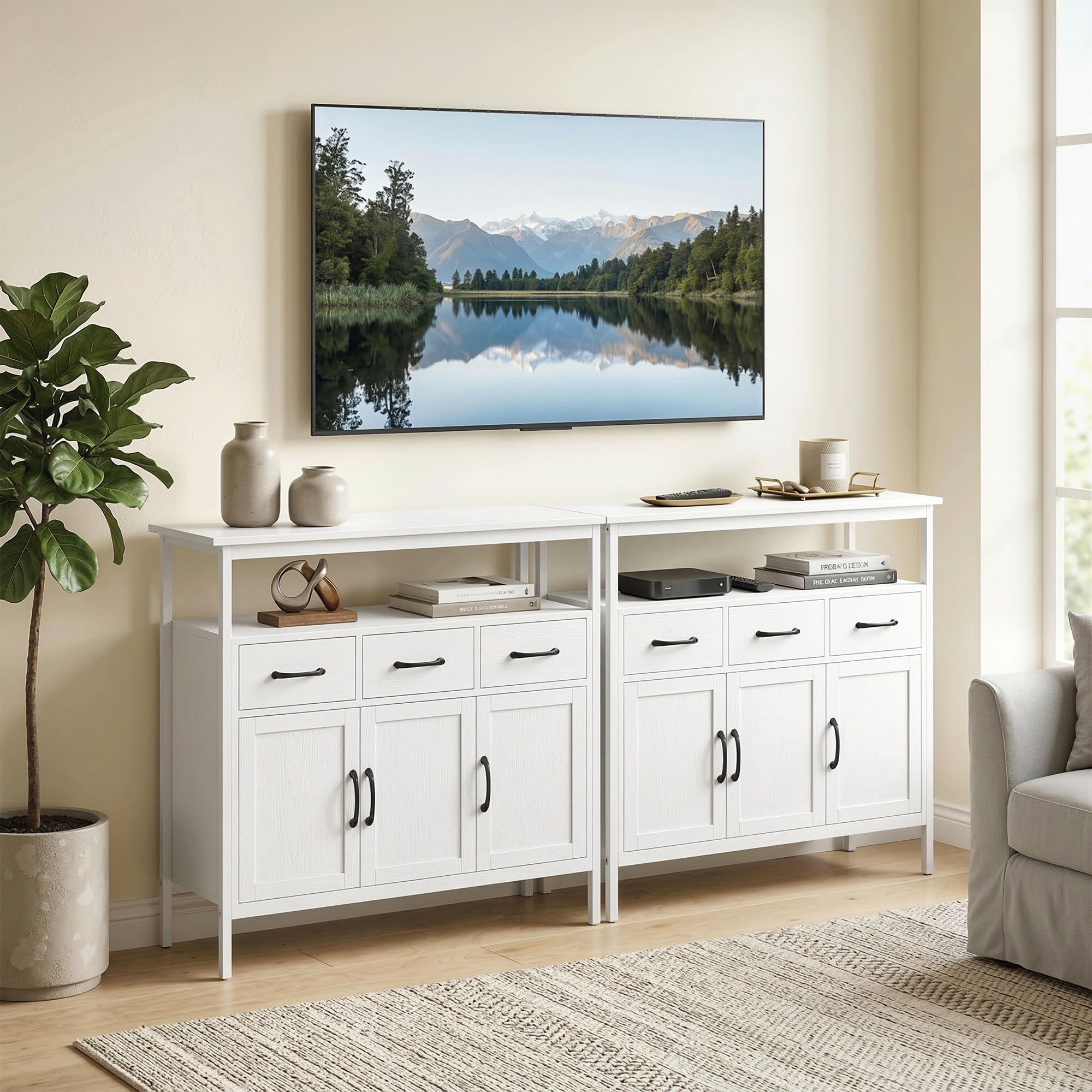 Kitchen Sideboard, Storage Cabinet with 3 Doors, 3 Drawers, Open Compartment & Adjustable Shelves, Modern Style for Living Room & Bedroom, 95 x 35 x 88 cm (37.4 x 13.8 x 34.6 in), White