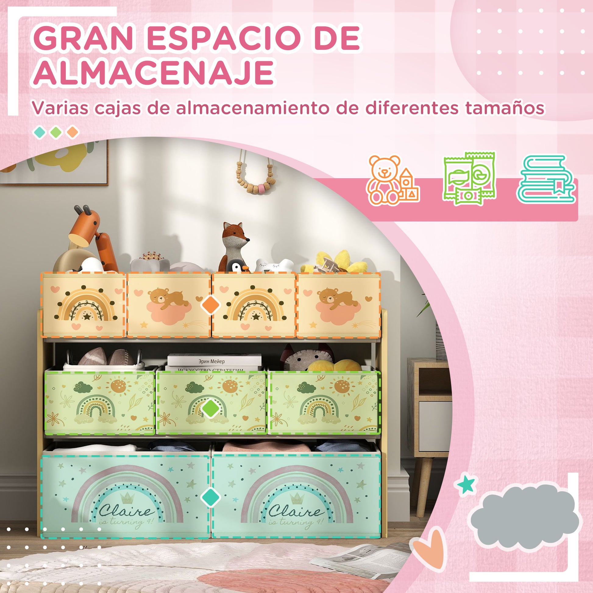 Toy Shelf for Kids Toy Organizer with 9 Non-woven Fabric Baskets for Nursery Playroom 93x30x70 cm Yellow