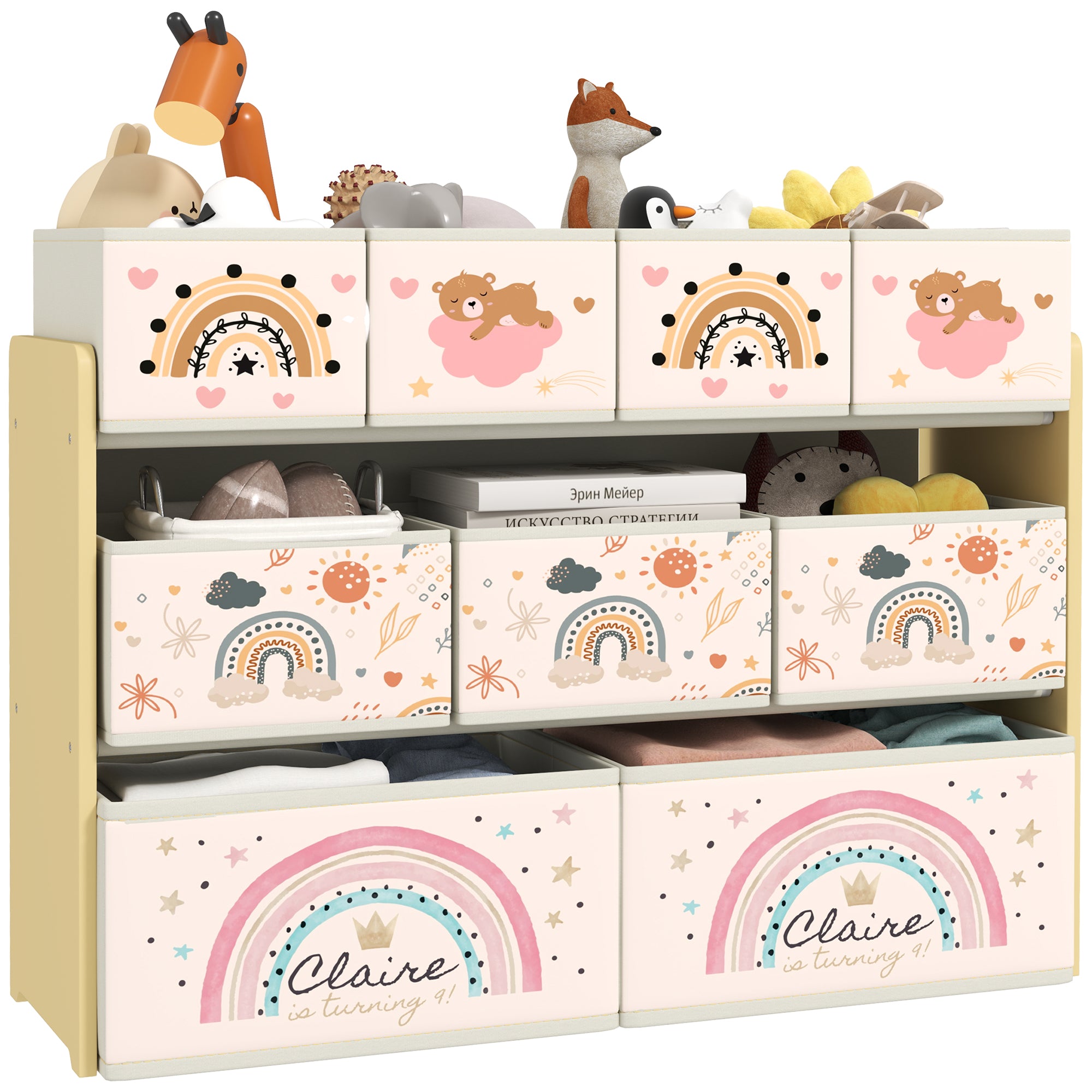 Toy Shelf for Kids Toy Organizer with 9 Non-woven Fabric Baskets for Nursery Playroom 93x30x70 cm Yellow