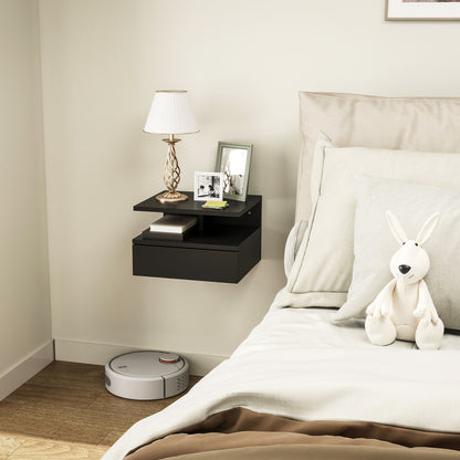 Wall-Mounted Nightstand for Bedroom, Modern Bedroom Nightstand, with Drawer and Upper Shelf in Wood, 35x32x22.5cm, Black