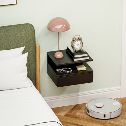 Wall-Mounted Nightstand for Bedroom, Modern Bedroom Nightstand, with Drawer and Upper Shelf in Wood, 35x32x22.5cm, Black