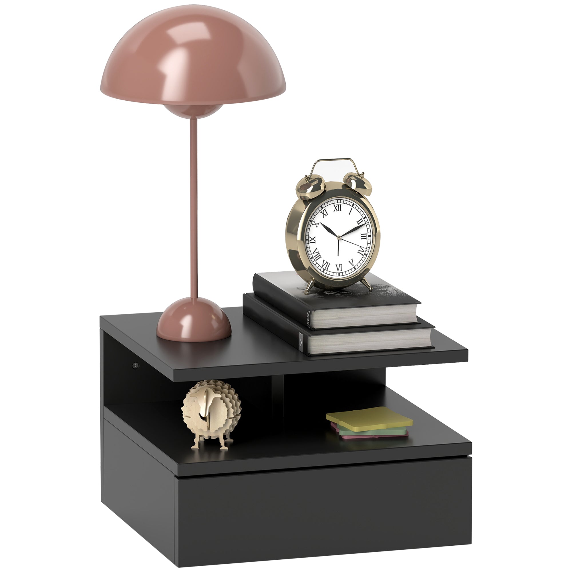 Wall-Mounted Nightstand for Bedroom, Modern Bedroom Nightstand, with Drawer and Upper Shelf in Wood, 35x32x22.5cm, Black