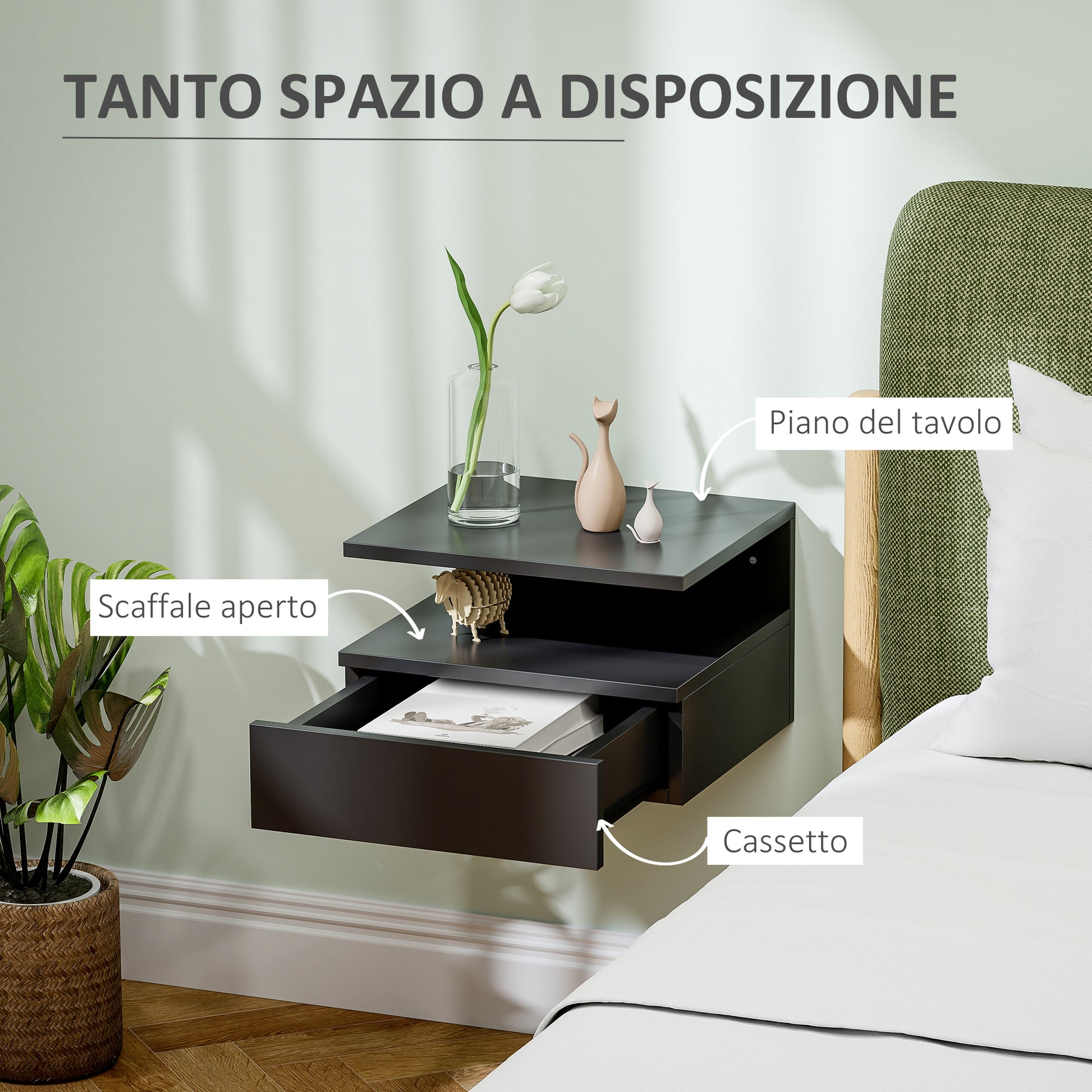 Wall-Mounted Nightstand for Bedroom, Modern Bedroom Nightstand, with Drawer and Upper Shelf in Wood, 35x32x22.5cm, Black