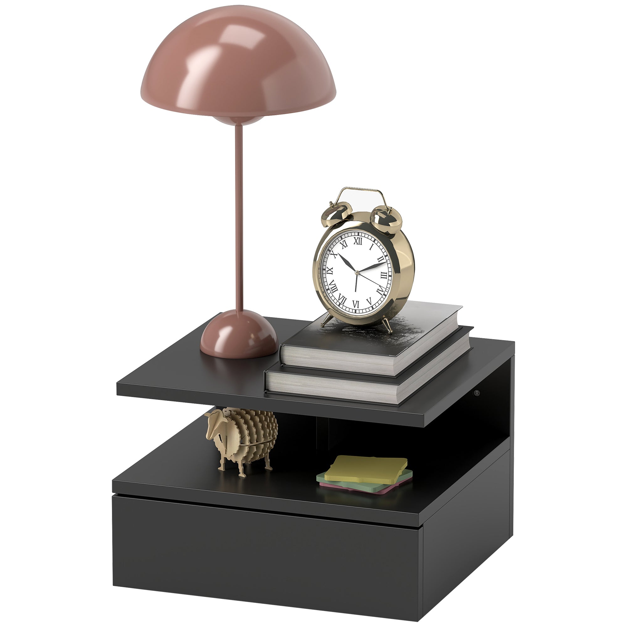 Wall-Mounted Nightstand for Bedroom, Modern Bedroom Nightstand, with Drawer and Upper Shelf in Wood, 35x32x22.5cm, Black